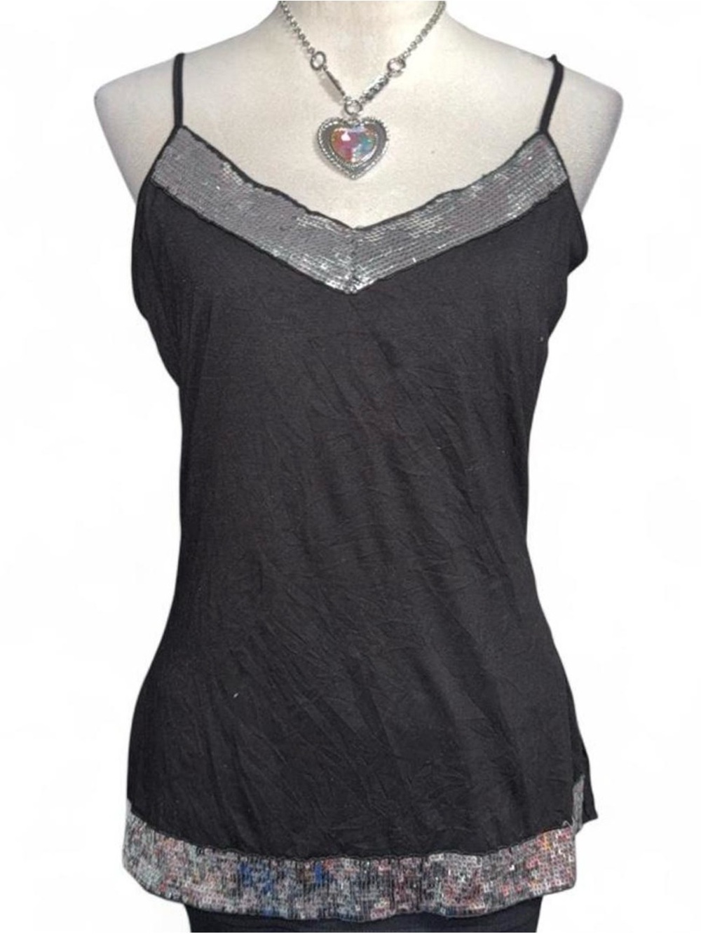No Boundaries Black Spaghetti Strap Tank with Silver Sequin Trim